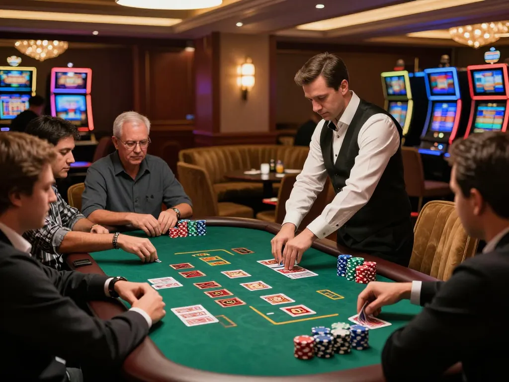 Players enjoying an exciting blackjack game at sc88 casino, showcasing vibrant chips and skilled dealer action