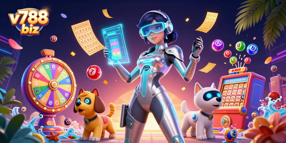 Engage in thrilling casino action with v788 biz featuring a futuristic woman and robot dog.