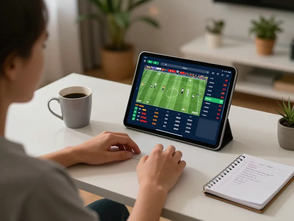 FABET player engaged in dynamic sports betting on tablet, showcasing real-time odds display.