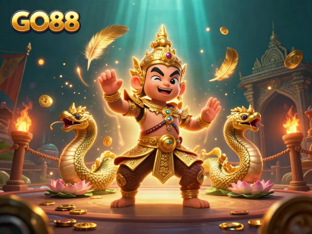 Experience thrilling gameplay with GO88, a vibrant 3D casino scene featuring enchanting guardians and gold coins.
