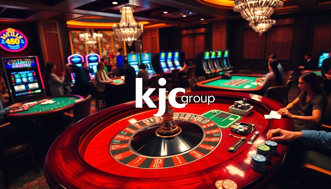 Exciting casino gaming scene illustrating kjc group branding with vibrant roulette table and players.