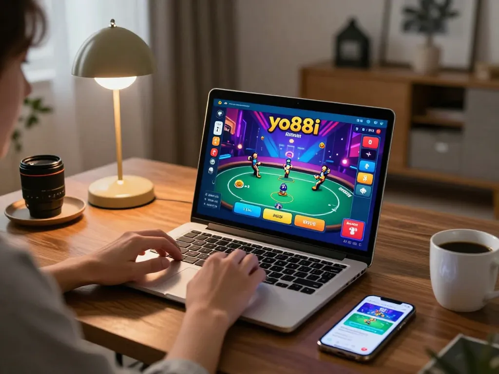 Player engaging in online poker on yo88i platform with laptop and smartphone in cozy home environment