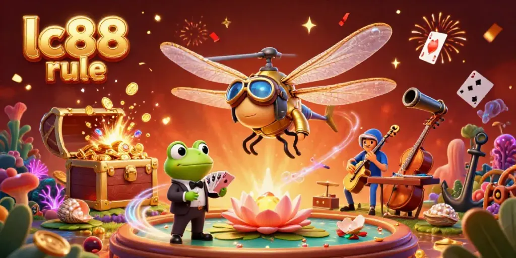 Experience the vibrant lc88 rule casino world with a lively scene featuring a dragonfly pilot and frog croupier amidst underwater treasures.