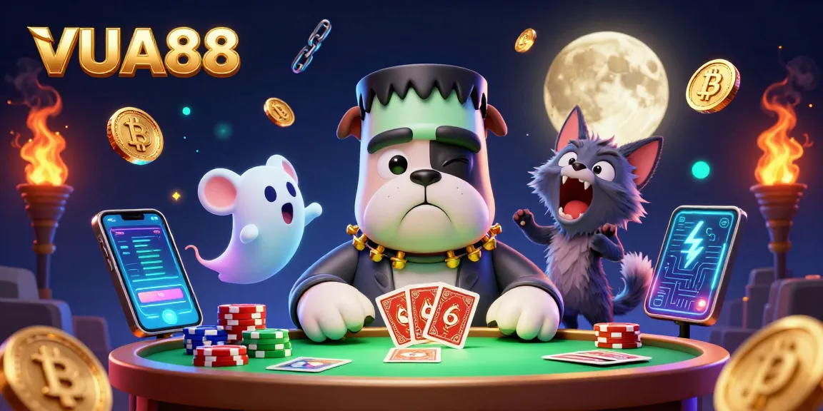 VUA88 features a lively 3D scene with casino characters engaging at a spooky table.