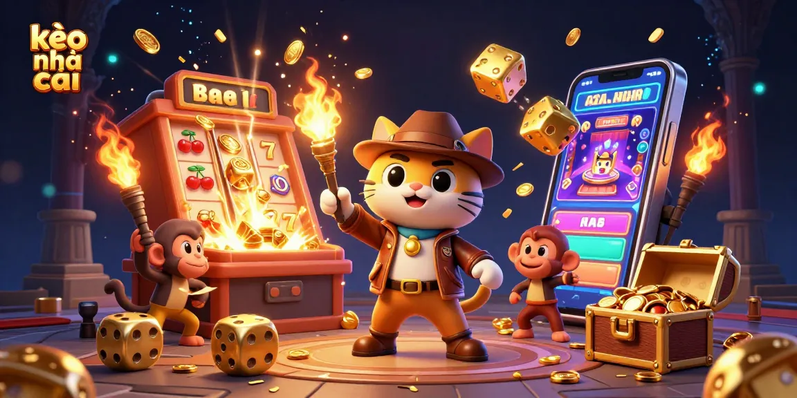 Experience the excitement of kèo nhà cái with a vibrant 3D illustration featuring a treasure hunt in a casino-themed scene with animated elements.