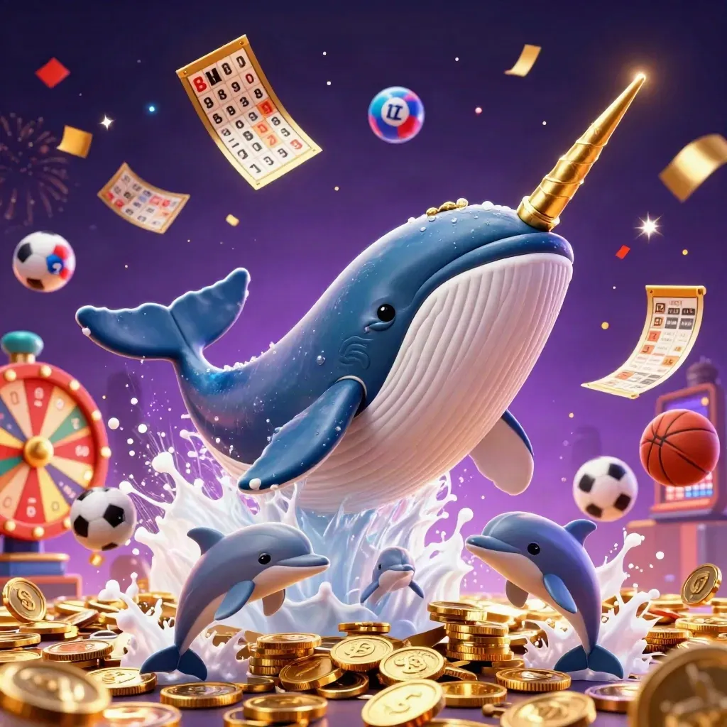 Val, narval och delfiner i ett glittrigt casinohav med bollar, hjul och konfetti.