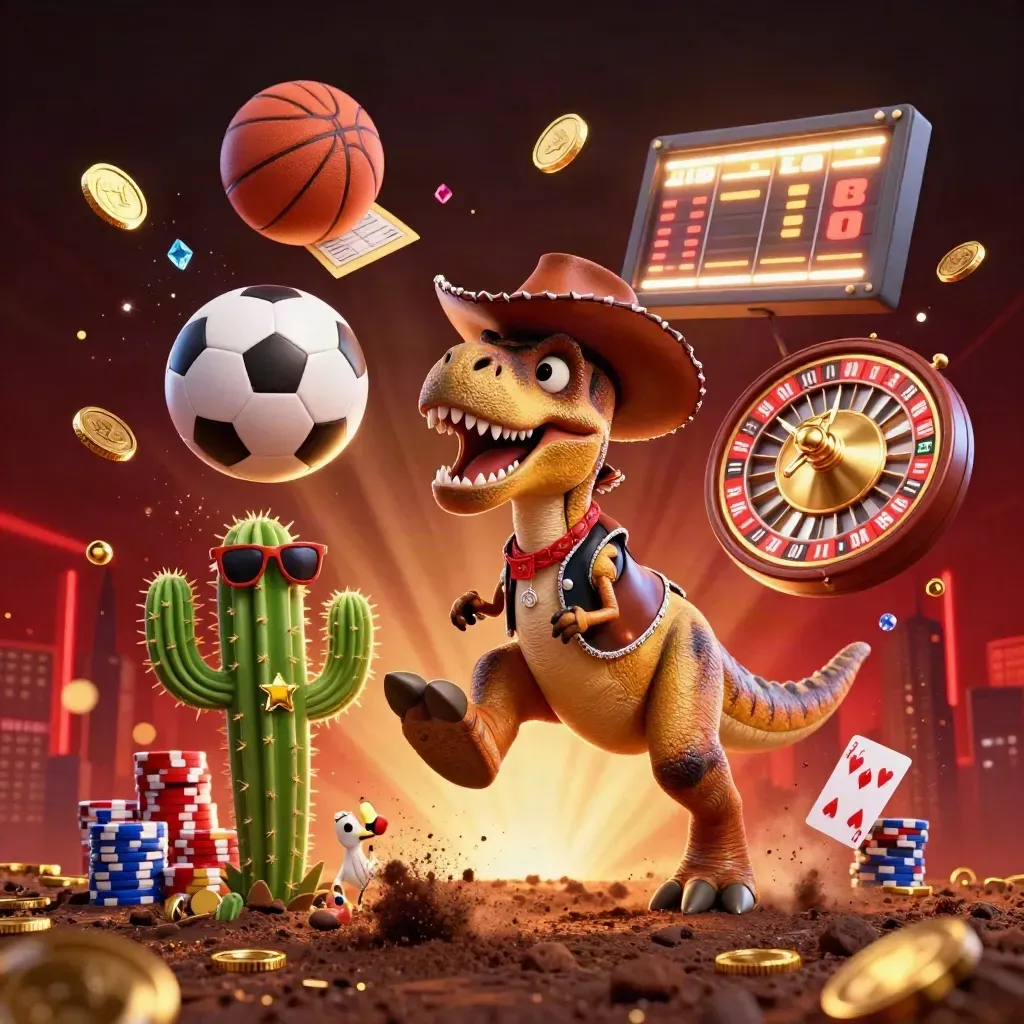3D cowboy-T-Rex, kaktus och väglöpare runt en flygande fotboll i casinoexplosion.