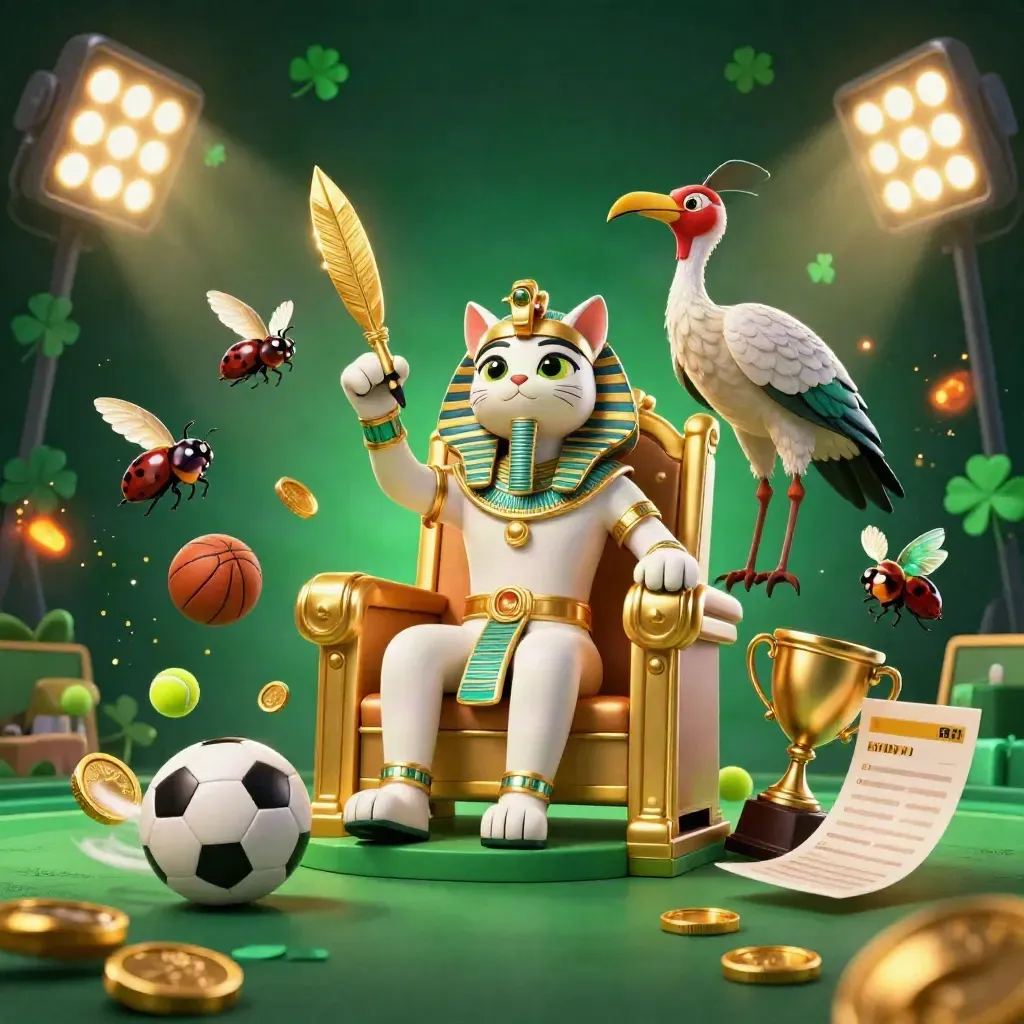 Guldkatt på tron, ibis och skalbaggar bland flygande bollar och casinoljus.