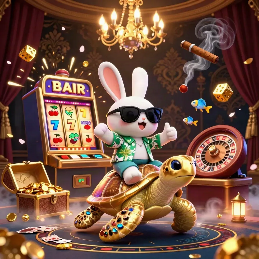 Glad 3D-kanin på gyllene havssköldpadda bland slotmaskin, roulette och guld.