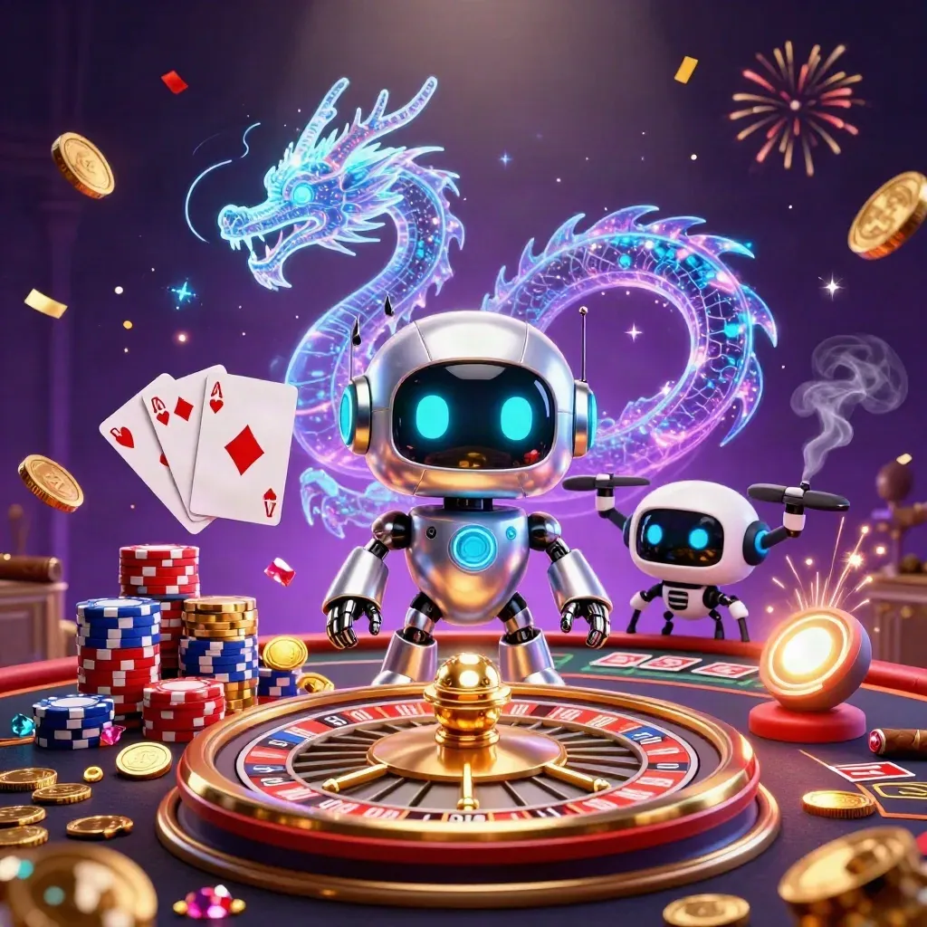 Robot, holografisk drake och drönare i lyxigt kasinorum med guld och juveler.
