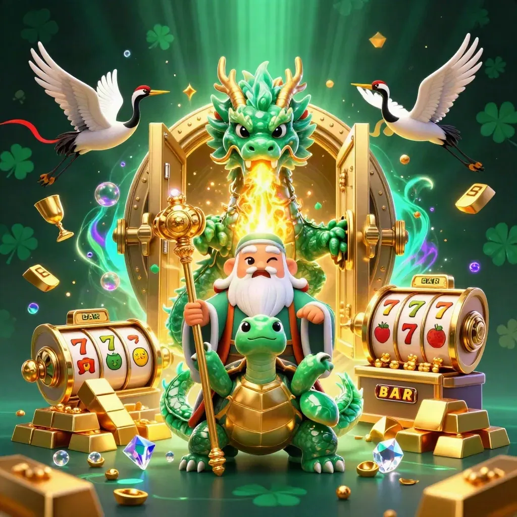Emeralddrake, sköldpadda och tranor bland guld, juveler och neon i ett casinoäventyr.