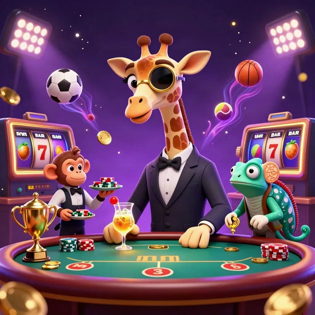 Giraff i kostym, apa och kameleont kring VIP-bord med sportbollar, trofé och guldglitter.