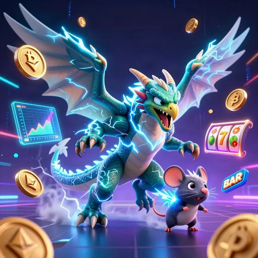 Tordrake, vindhök och blixtmus bland kryptomynt och neon i mörk casinonatt.
