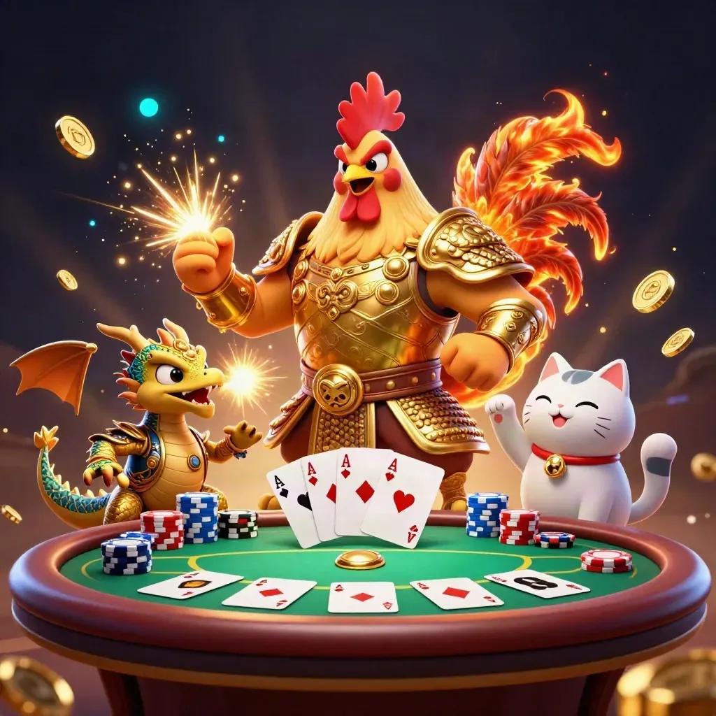 Tuppkrigare, drakhatchling och lyckokatt kring pokerbord i guldglöd
