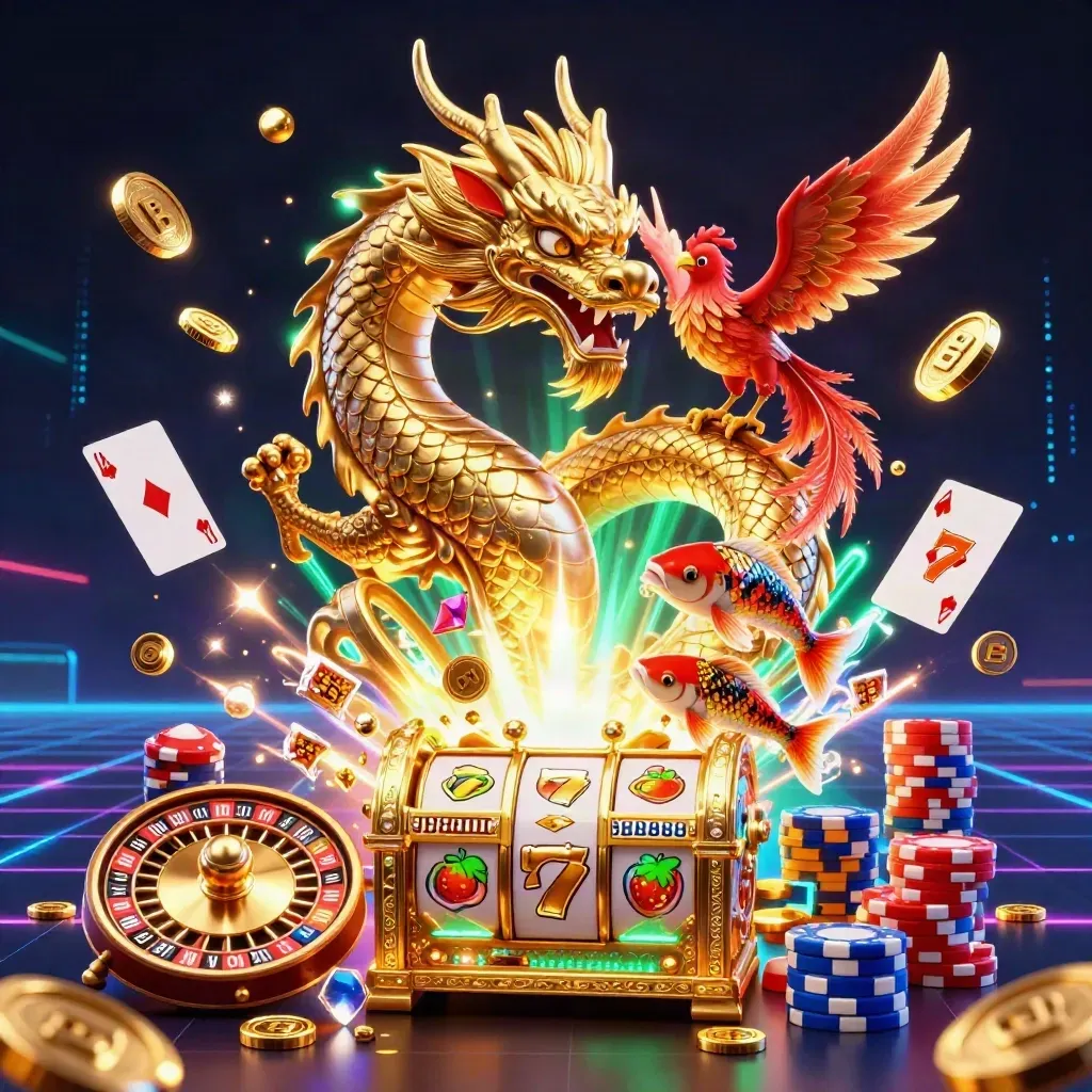 Gulddrake med röda fenix, koi och spelmynt i neon på mörk casinohimmel