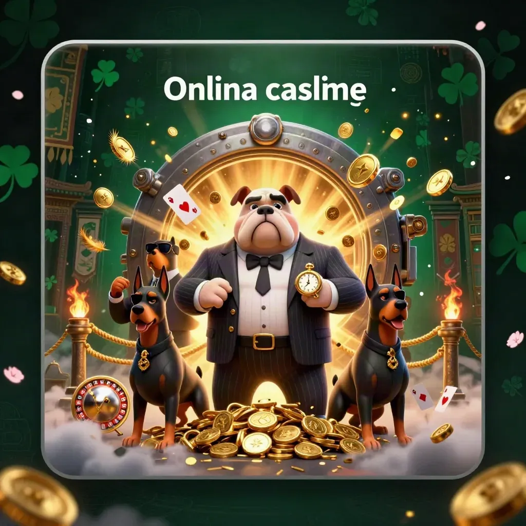 Bulldog-maffiaboss med två dobbermannvakter bland mynt, eld och gyllene casinoeffekter.