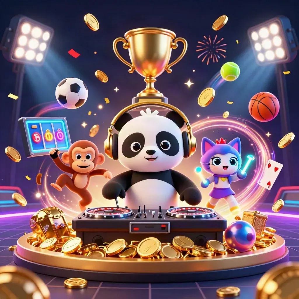 DJ-panda, dansande apa och glow-stick-katt i ett gyllene casinokrål med coins och fyrverkerier