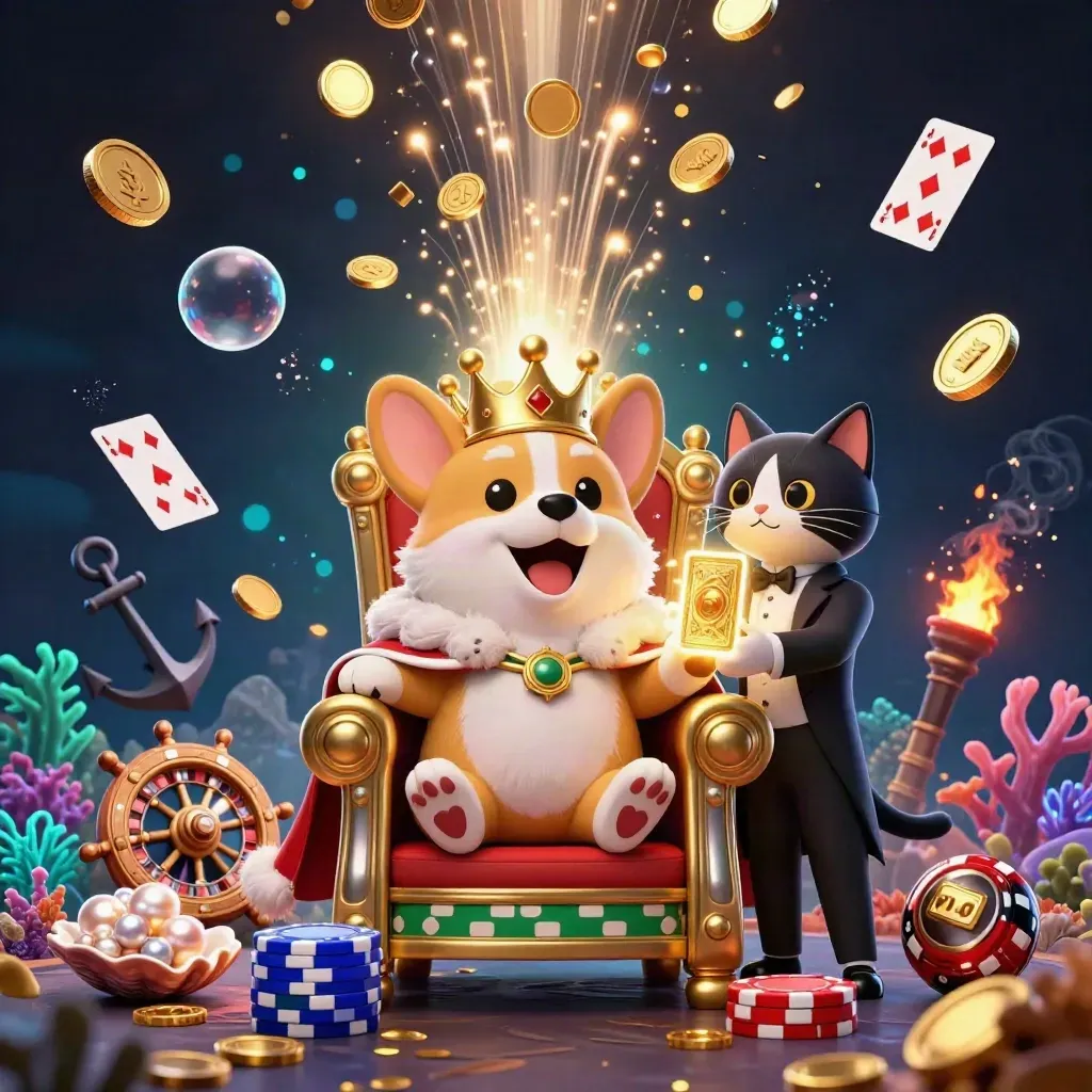 Kunglig corgi och kattbutler i skattkammare med guldmynt, koraller och casinoeffekter