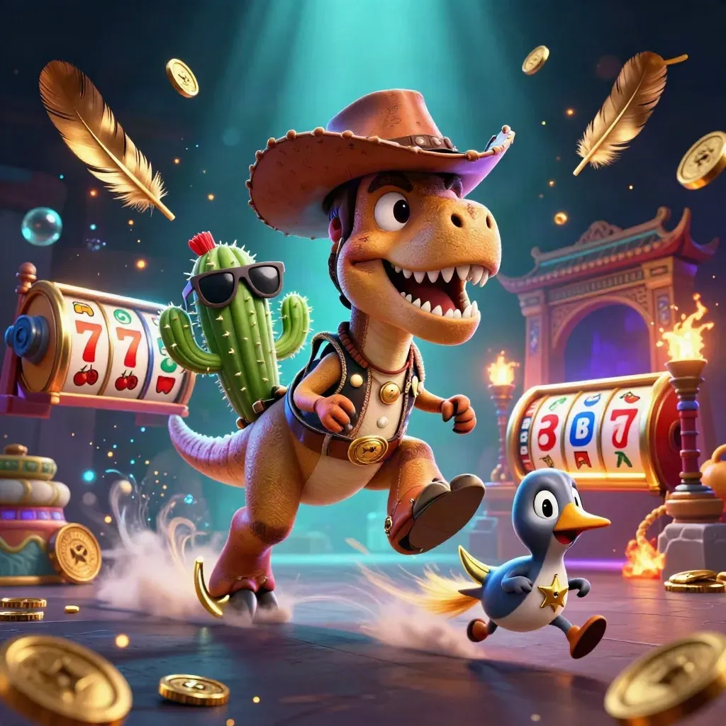T-rex cowboy med kaktus och road runner bland guld, slotrullar och neonljus