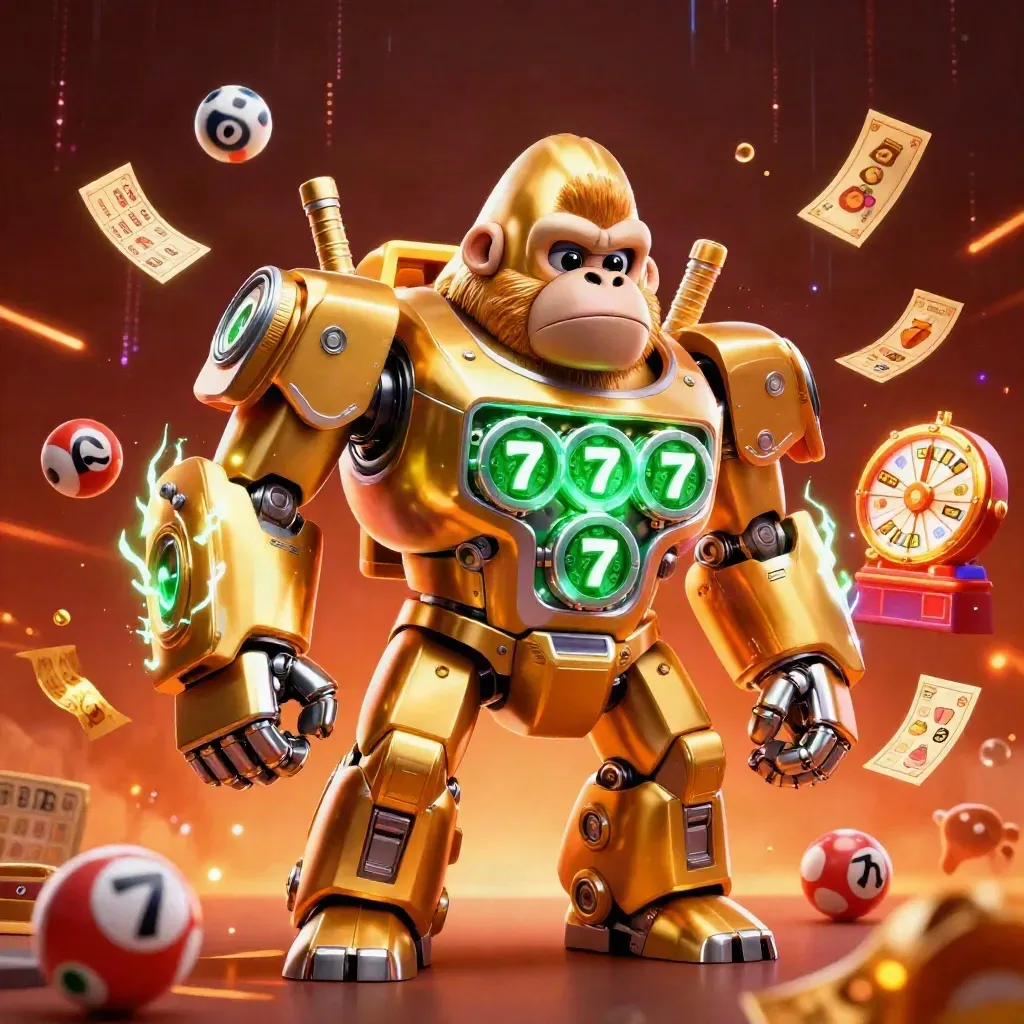 Gul gorillamech med liten apa, spelhjul och gnistrande casinoeffekter i mörk neon