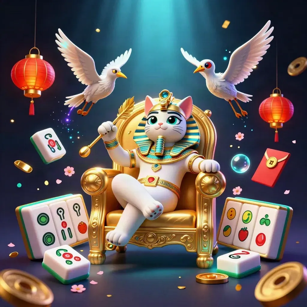 Pharaohkatt på gyllene tron med ibis, skarabéer och neoncasinoeffekter.