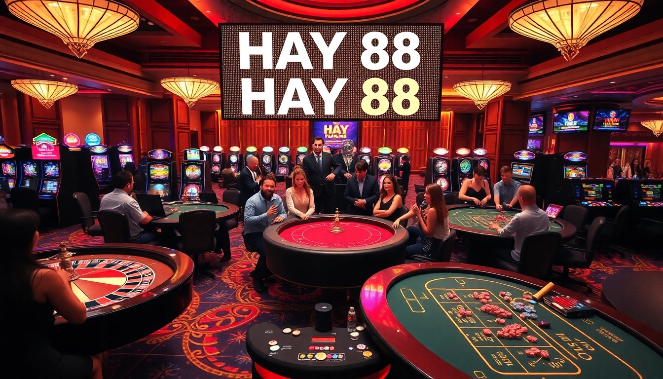 Experience the thrill of HAY 88 with vibrant casino gaming visuals including roulette and poker.