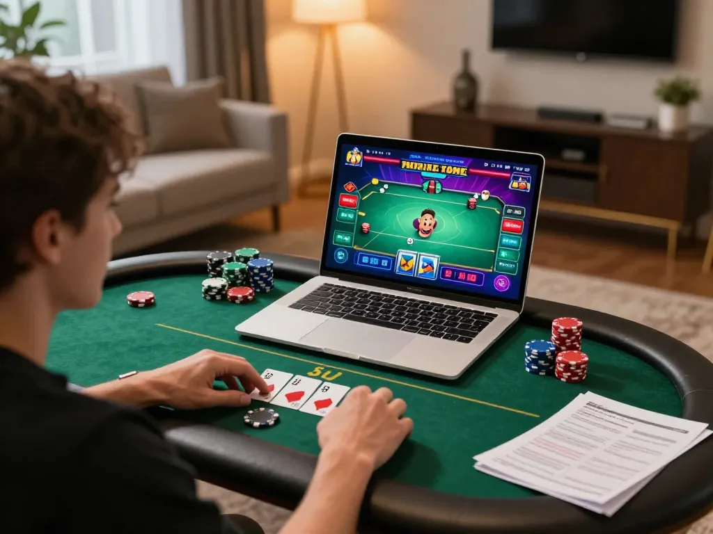 Player engaging in online poker with lu88yy gaming interface displayed on laptop, cozy home setup featuring betting notes and warm lighting.