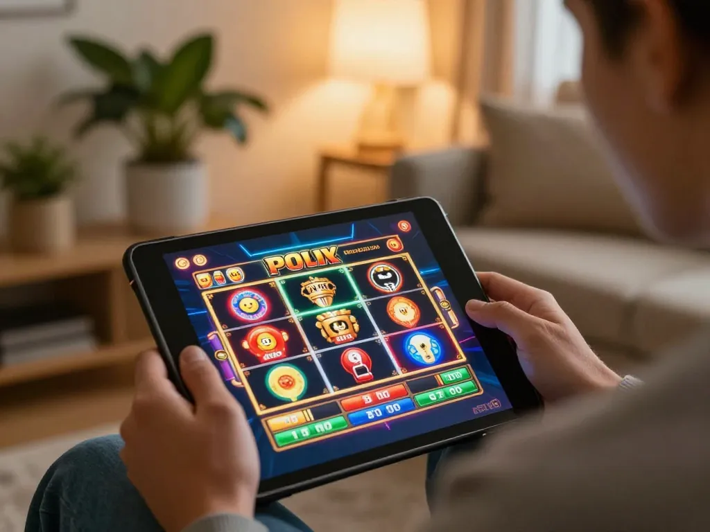 Playing free online pokies on a tablet in a cozy home setting