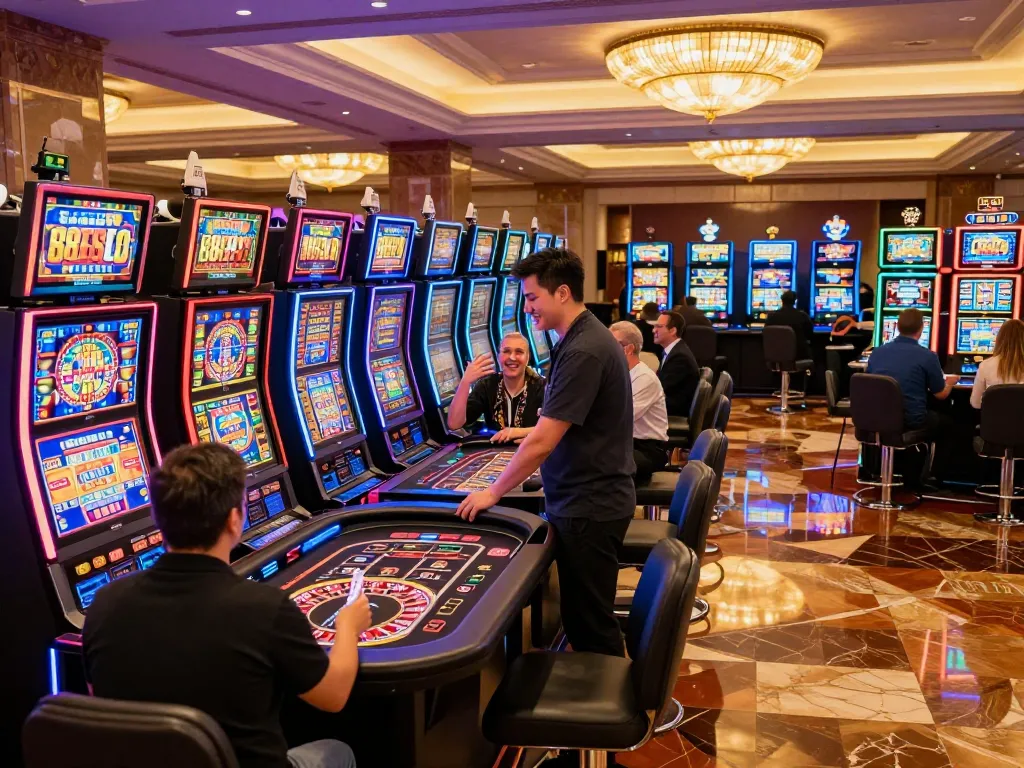 Exciting gameplay at a casino featuring the 888slot game with vibrant slot machines and engaged players