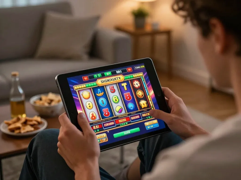 Player engaged in thrilling online slots game on five88cd tablet, vibrant graphics and cozy setting.