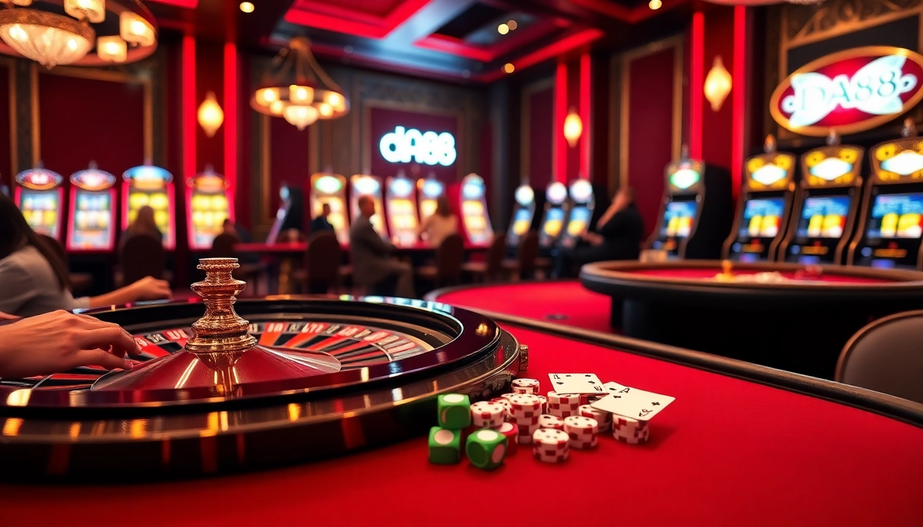 Players strategizing at a luxurious casino table featuring DA88 poker chips and cards.