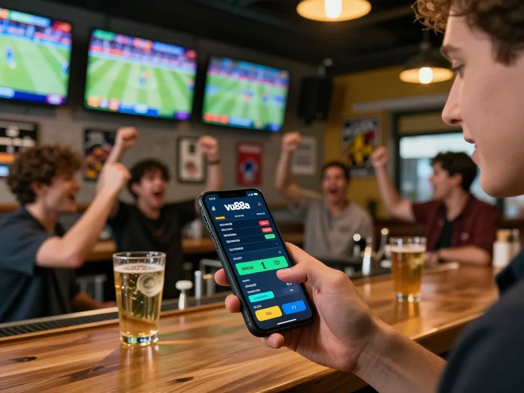 Excited bettor using vu88a app at a bustling sports bar, live games in view, vibrant atmosphere.