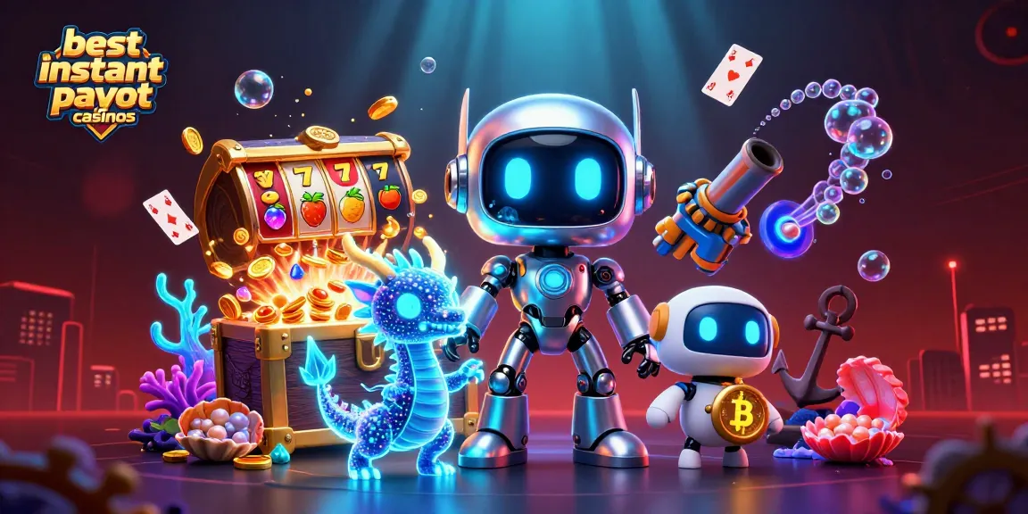 Experience the excitement of best instant payout casinos with our vibrant 3D casino illustration featuring a cyberpunk robot, dragon, and bitcoin.