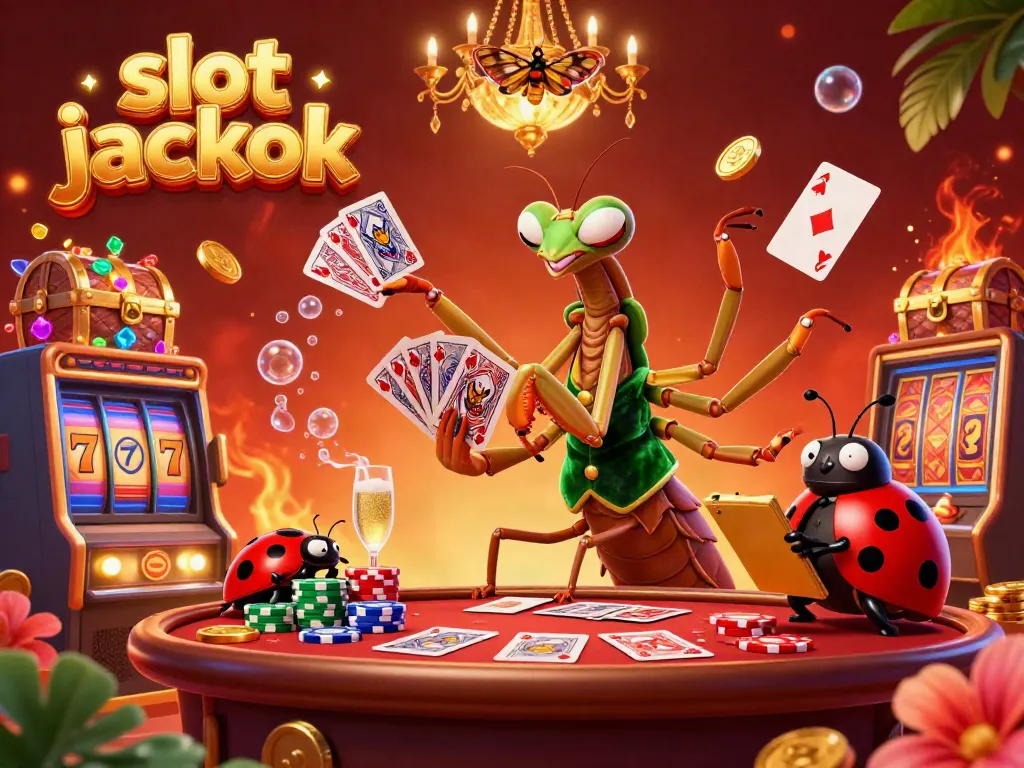 Experience the thrill of the slot jackpot with a vibrant casino scene featuring a 3D praying mantis card sharp.