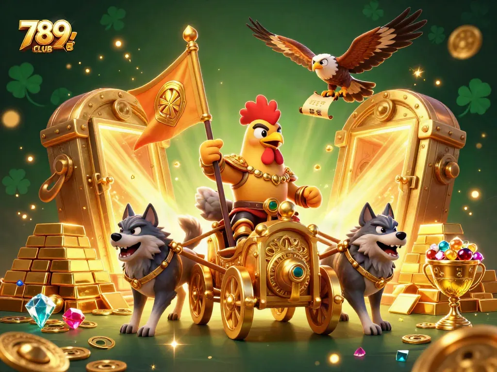 Engage with 789CLUB in a vibrant casino adventure featuring animated characters and treasures.