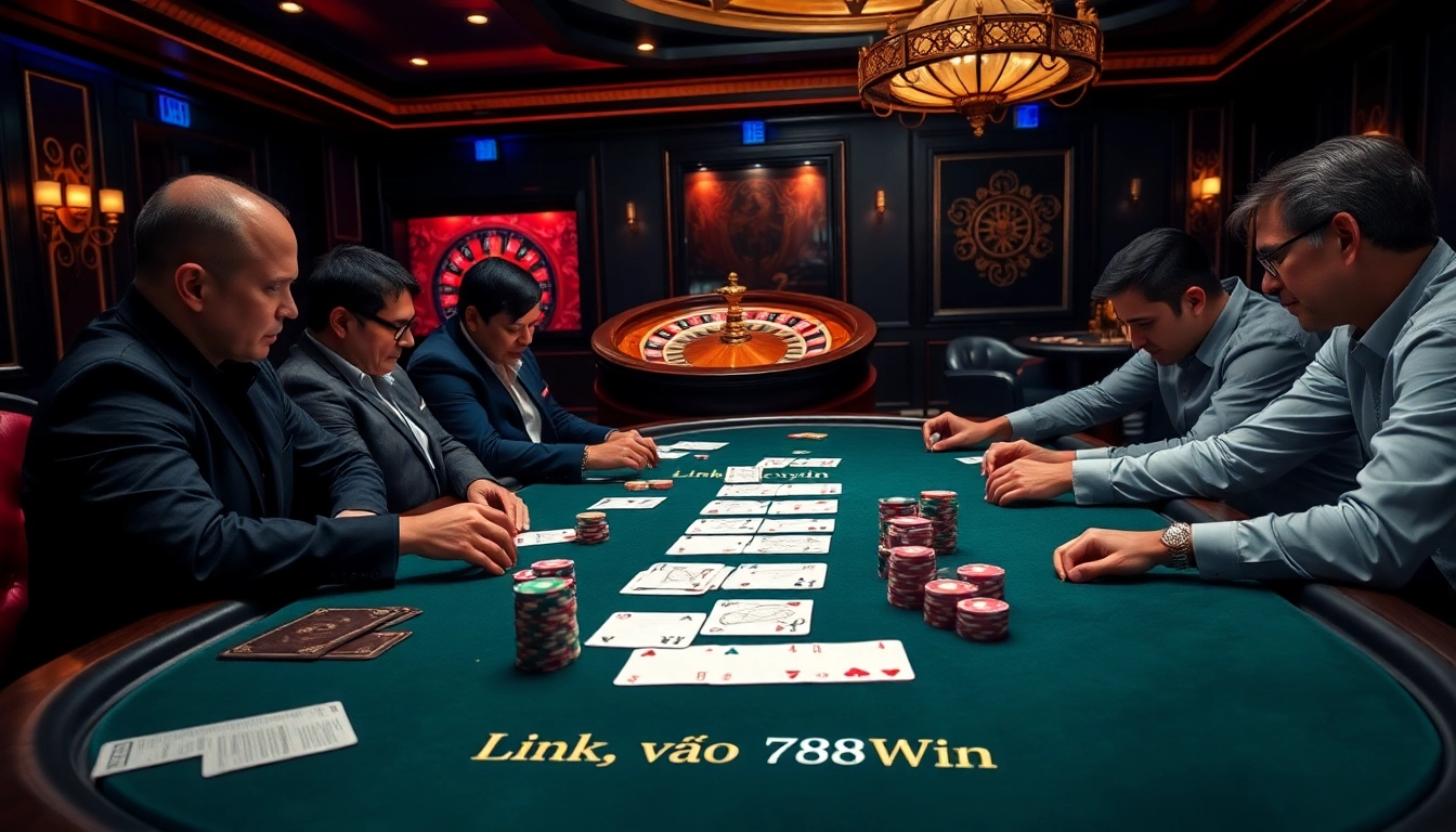 Link vào 78Win at a luxurious poker table featuring professional chips and cards.