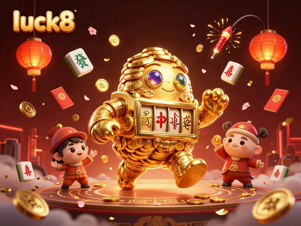 Spin the luck8 slot machine with a golden golem surrounded by festive casino elements and vibrant confetti.
