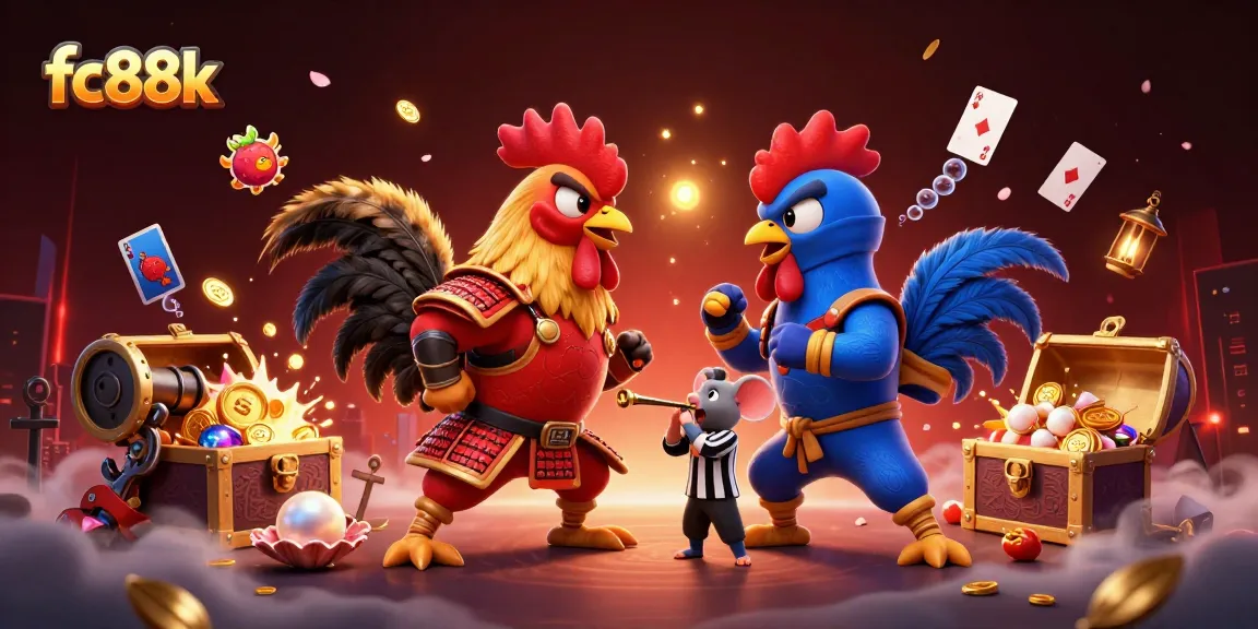 Experience thrilling cockfighting action with fc88k's vibrant gaming elements in a colorful 3D scene.