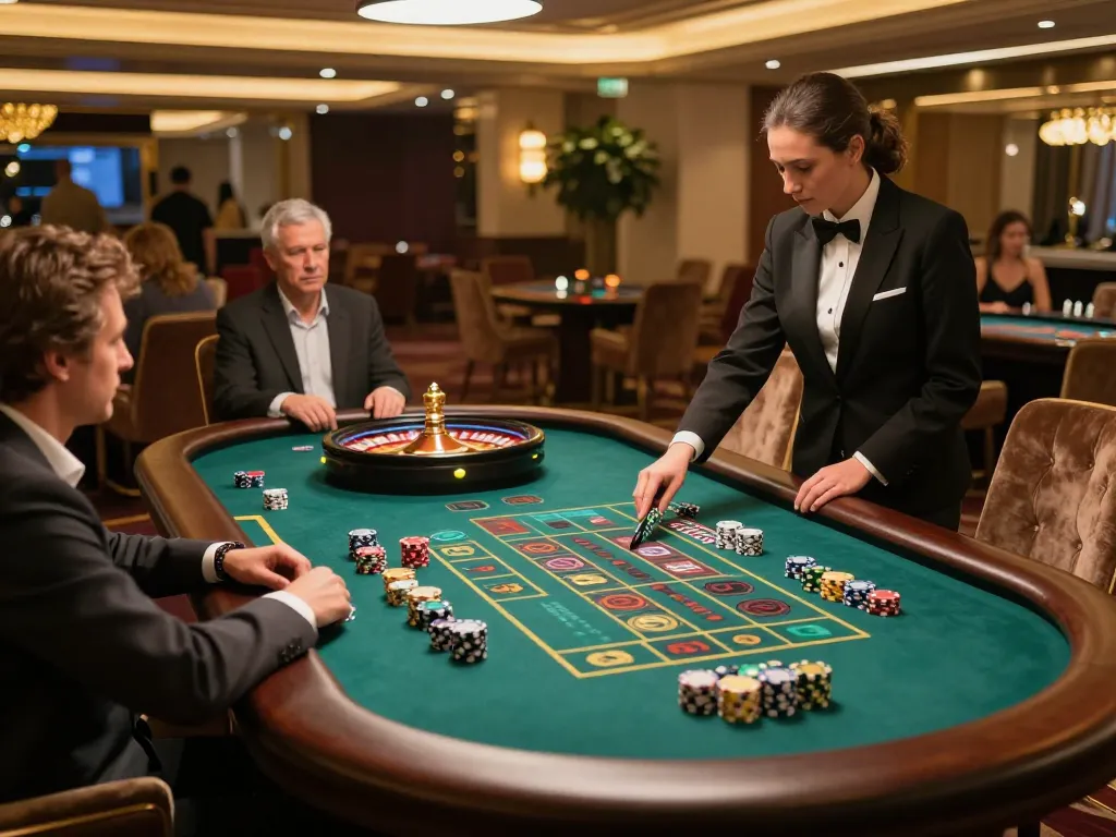Players at hd88 roulette table place bets in a luxurious casino atmosphere.