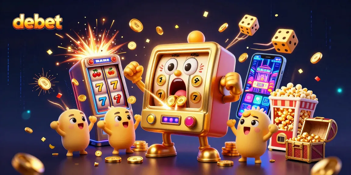 Experience the excitement of debet as cartoon slot machines celebrate a jackpot win amidst golden coins!