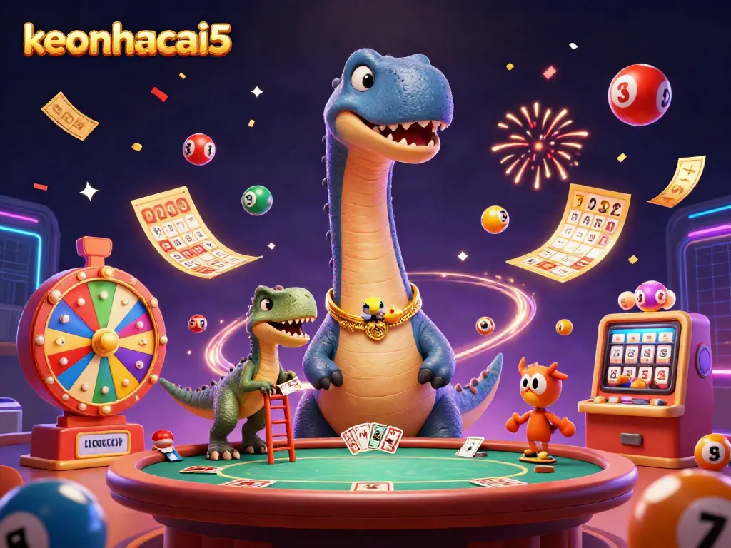 Experience the excitement of keonhacai5 with this vibrant casino illustration of a brontosaurus and clever raptor.