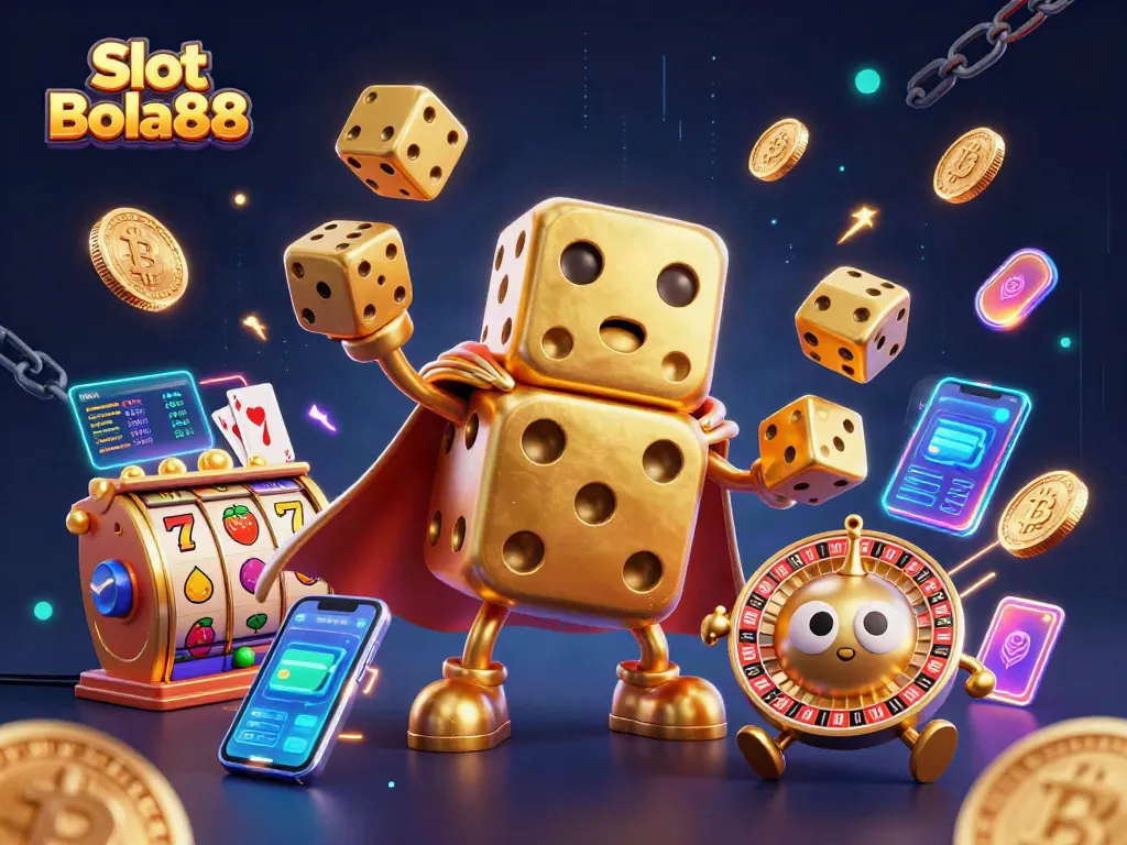 Experience the excitement of Slot Bola88 with dynamic characters and vibrant casino elements.