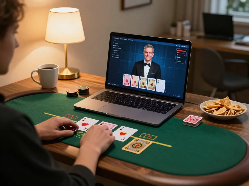 Engaging in a live dealer blackjack game on debet's platform with stylish home setup, laptop displaying cards.