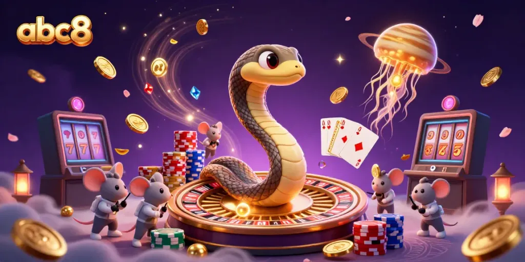 Bet on abc8's cosmic roulette with 3D Saturn snake and astronaut mice in vibrant illustration.