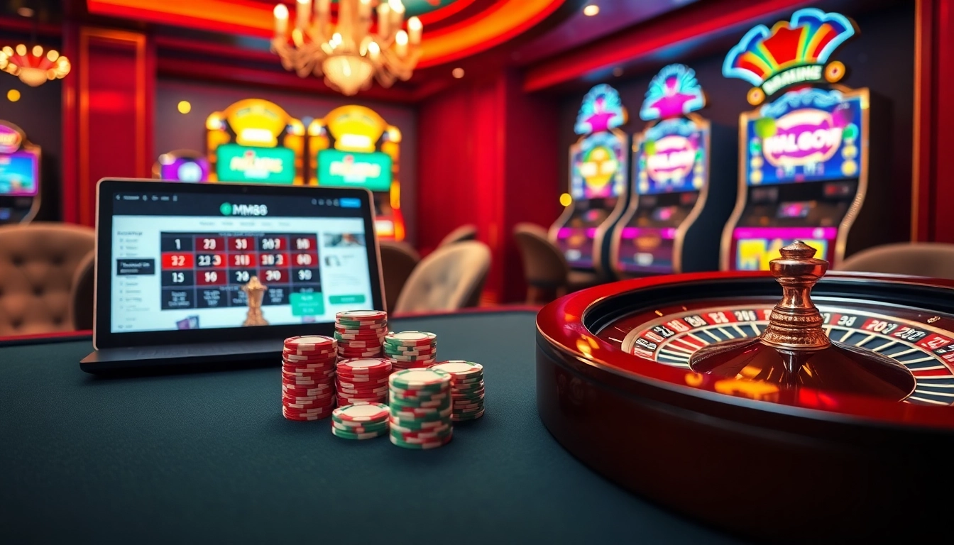 Experience high-stakes gaming at mm88 com with vibrant poker chips and a roulette wheel!