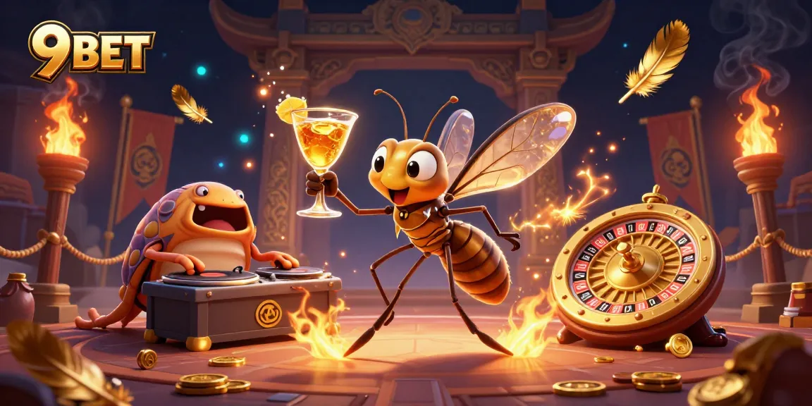 Experience thrilling wins at 9 BET with a lively casino scene featuring vibrant characters and elements.