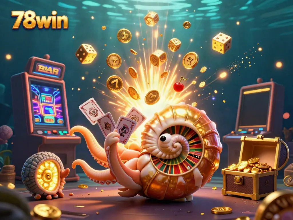Experience the thrills at 78win with a vibrant 3D casino scene showcasing a nautilus roulette wheel and dynamic game elements.