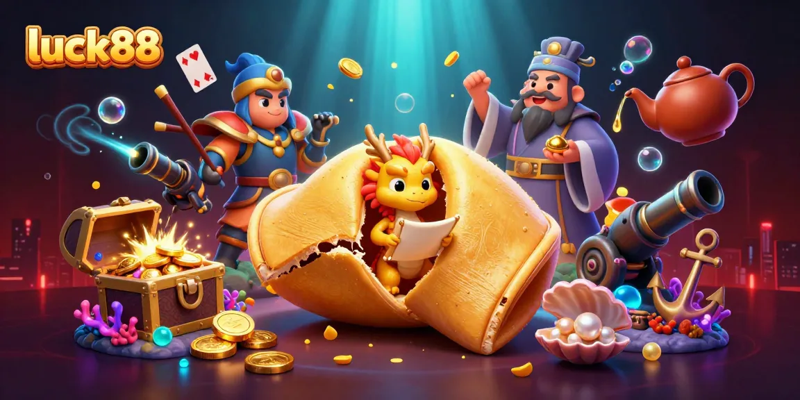 Experience luck88's thrilling gaming glory with a golden fortune cookie and wise dragon amongst scattered treasures.