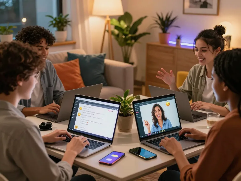 Engaging sex chat interactions among diverse friends in a cozy online setting