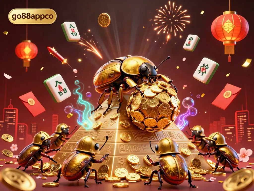 Experience the vibrant excitement of go88appco with a golden beetle rolling coins in a dynamic casino scene.